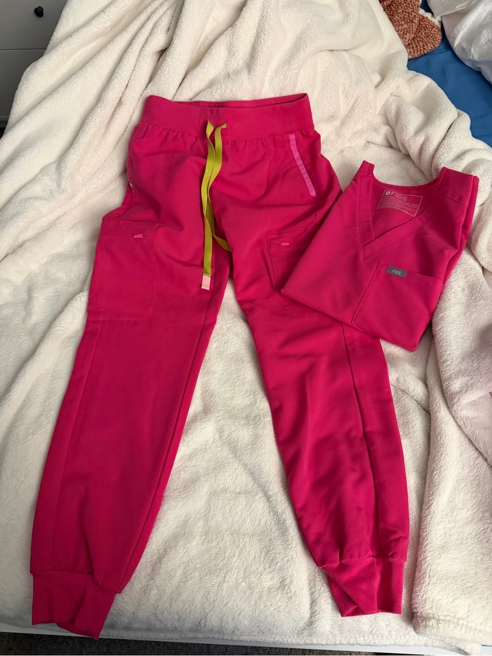 Figs  Bright Hot Pink Jogger Pants and tops  with Yellow Drawstring